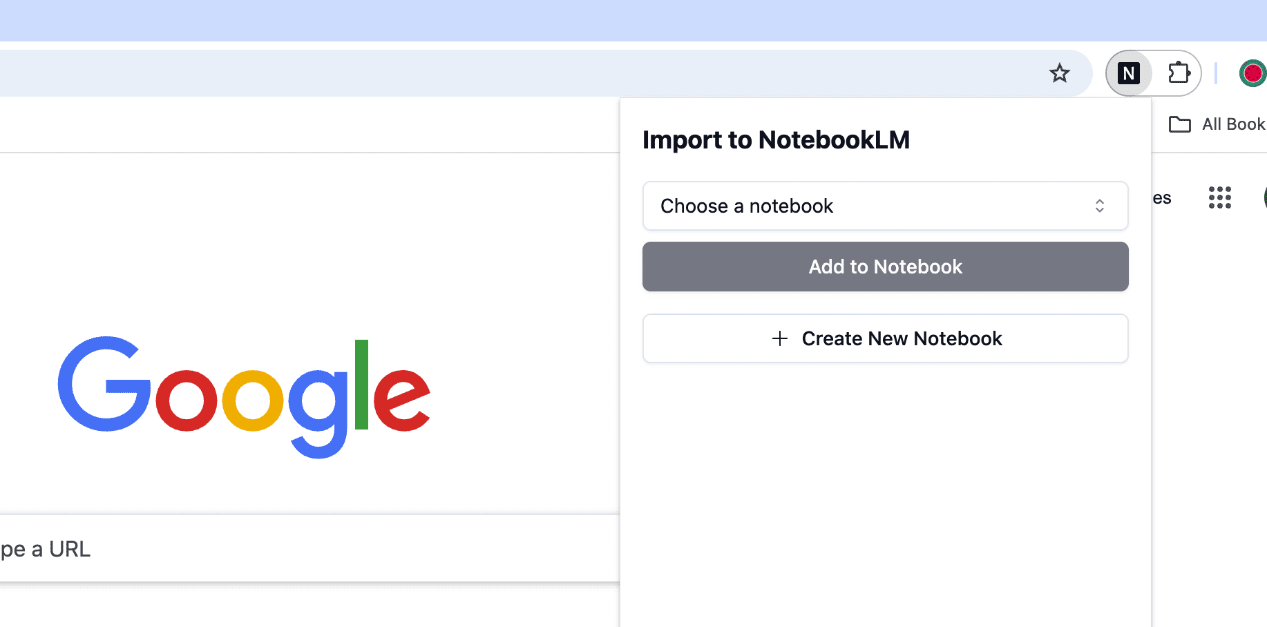 A screenshot showing the basic interface of notebooklm web importer installed on a google chrome browser.